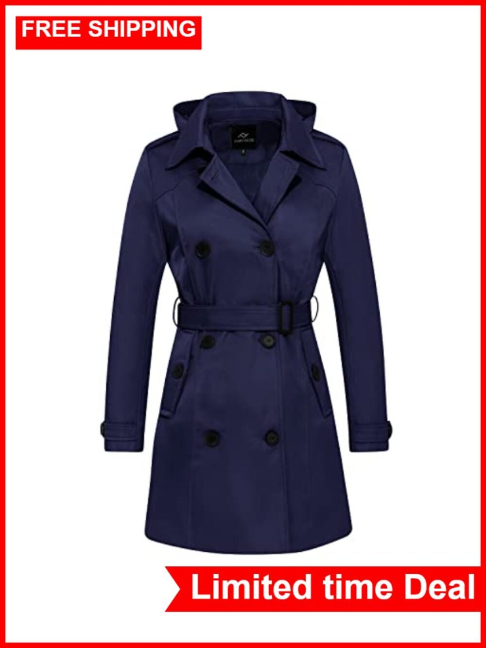 Waterproof Double Breasted Trench Coat Belted Removable Hood